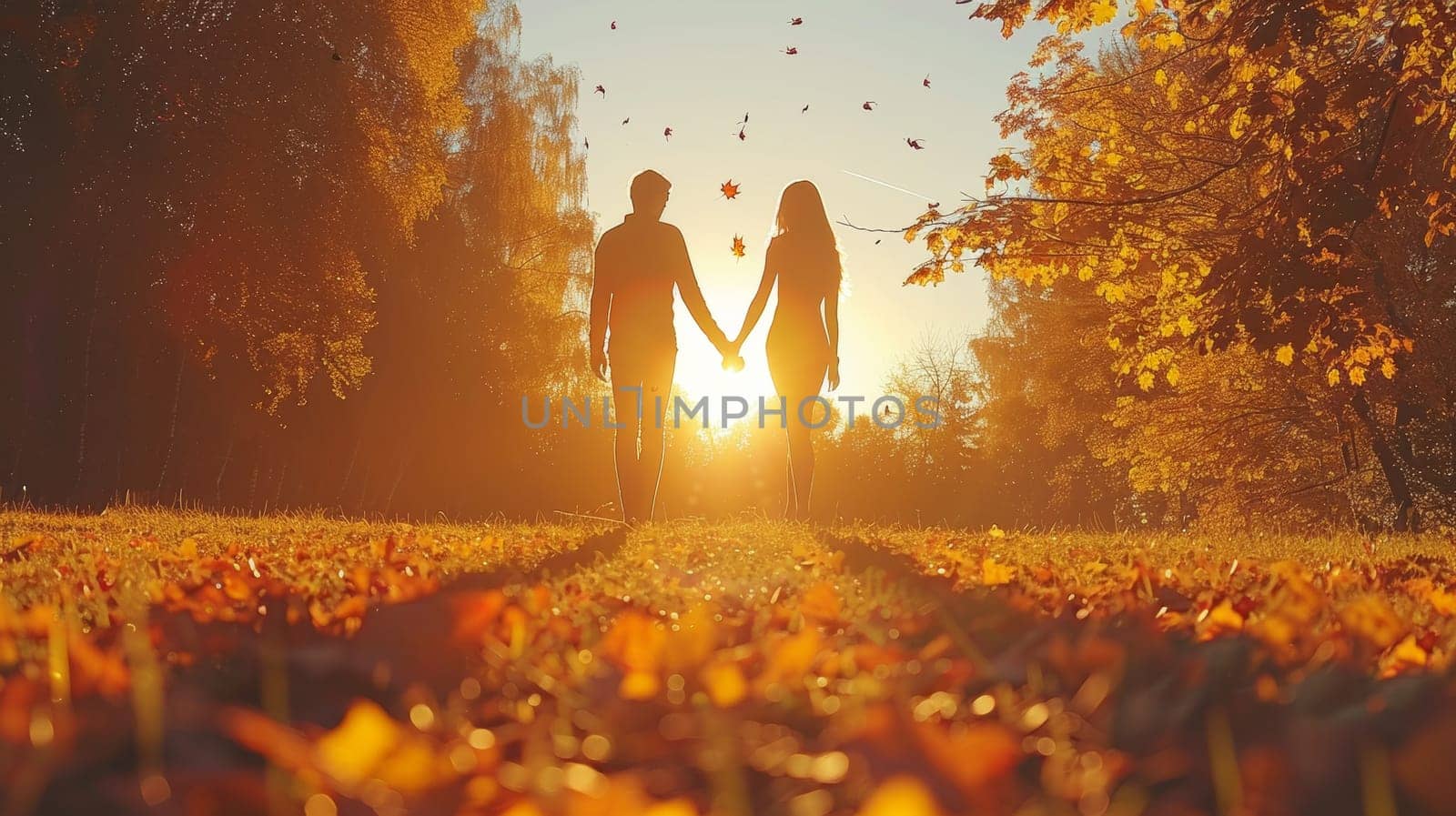 A couple holding hands in a field of yellow leaves, AI by starush