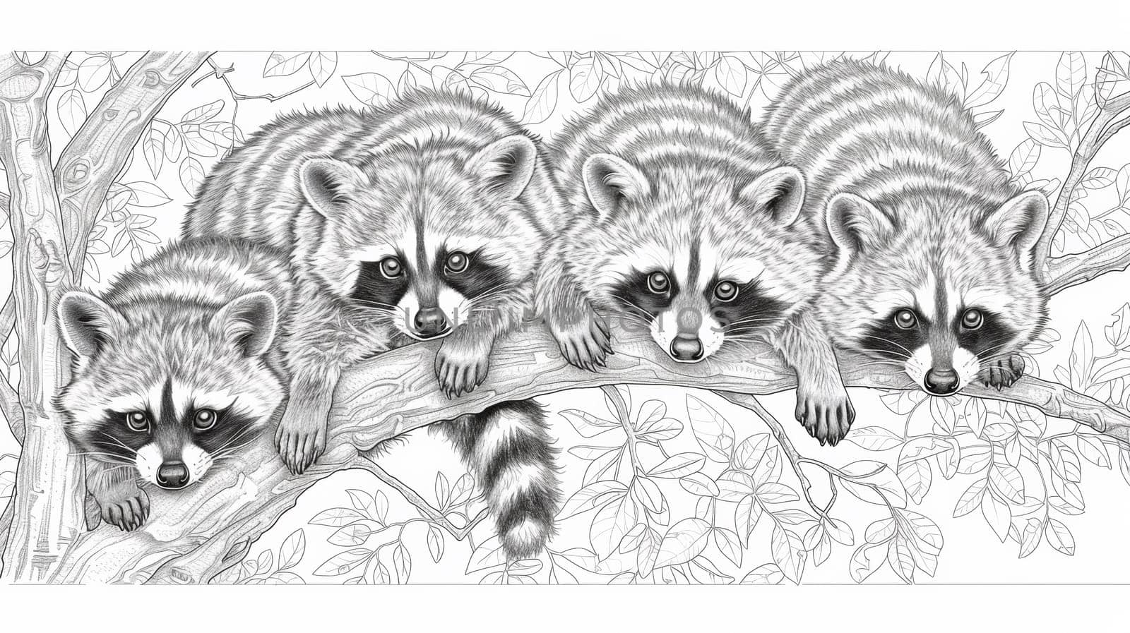 Three raccoons are sitting on a branch in this coloring page, AI by starush