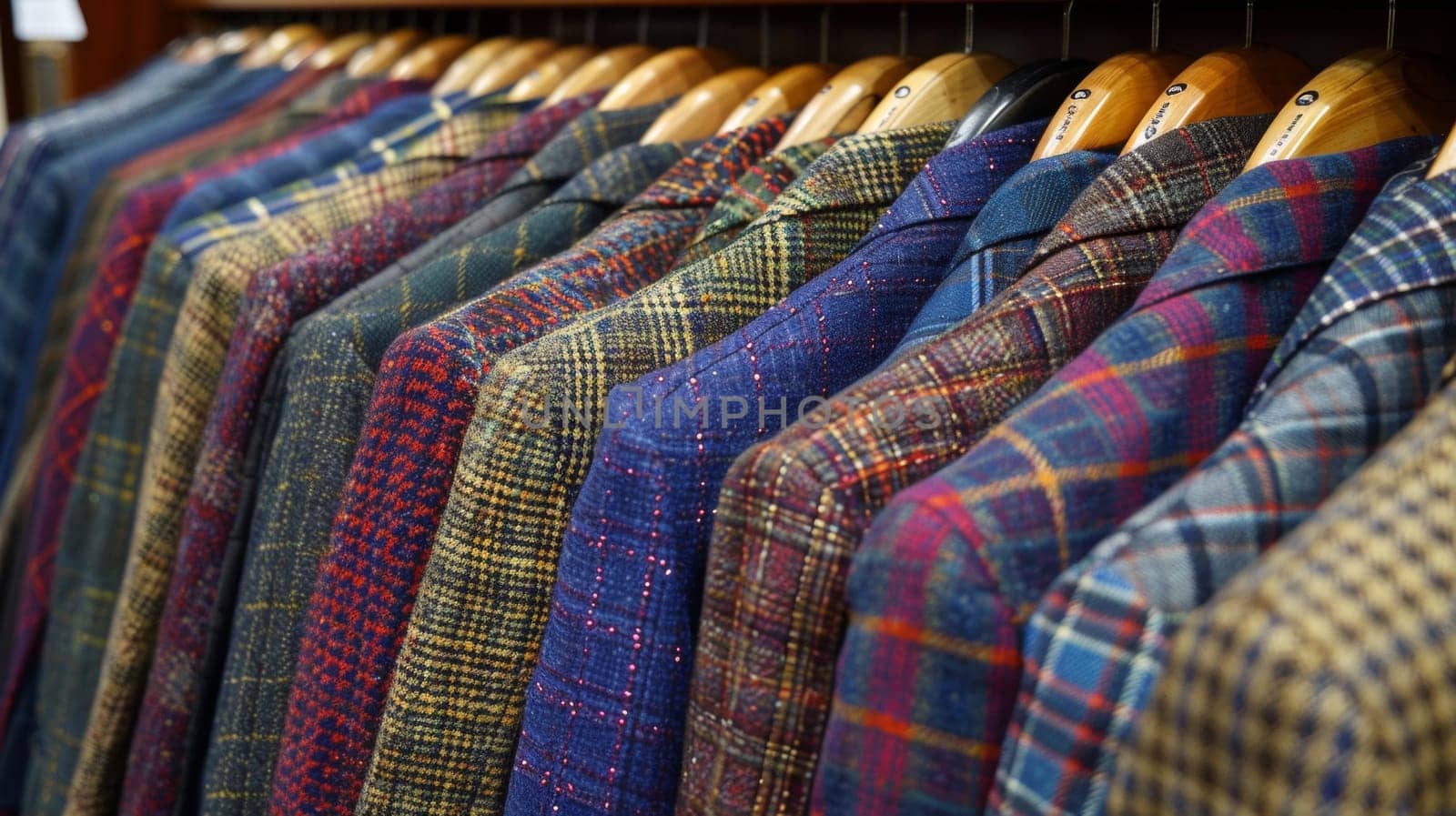 A row of suits hanging on a rack in front of each other