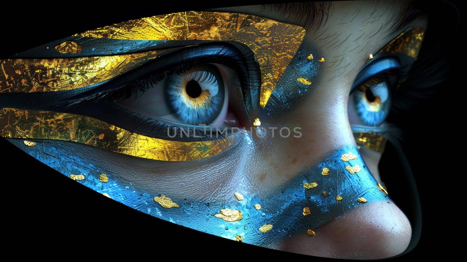 A close up of a woman's face with blue and gold paint, AI by starush