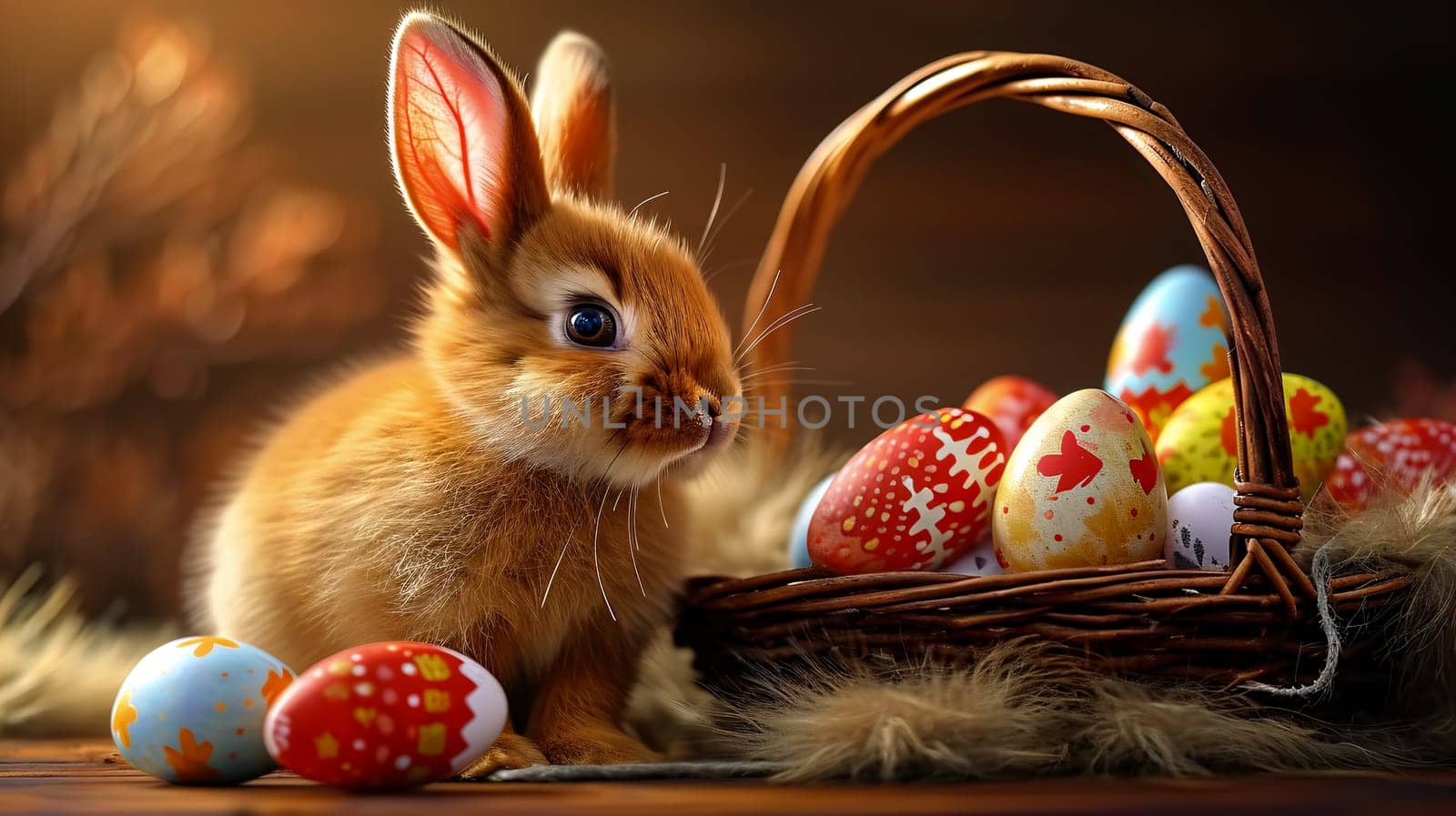 An Enchanting Easter : an adorable bunny beside a wicker basket filled with exquisitely painted eggs - Generative AI