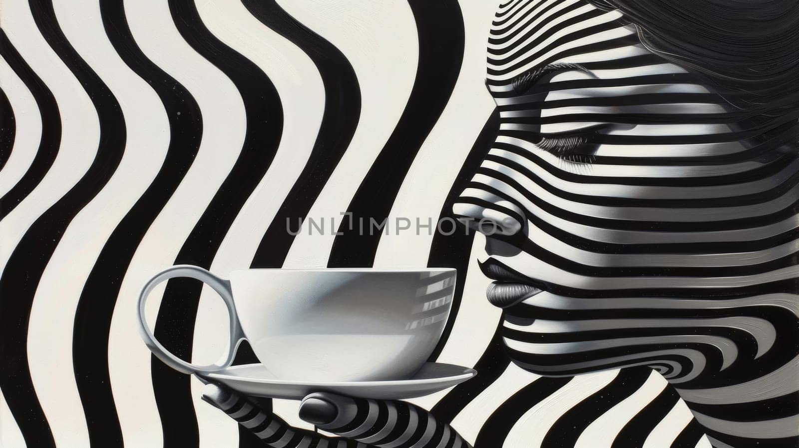 A woman with a cup of coffee in her hand is painted as if she were holding it through the stripes, AI by starush