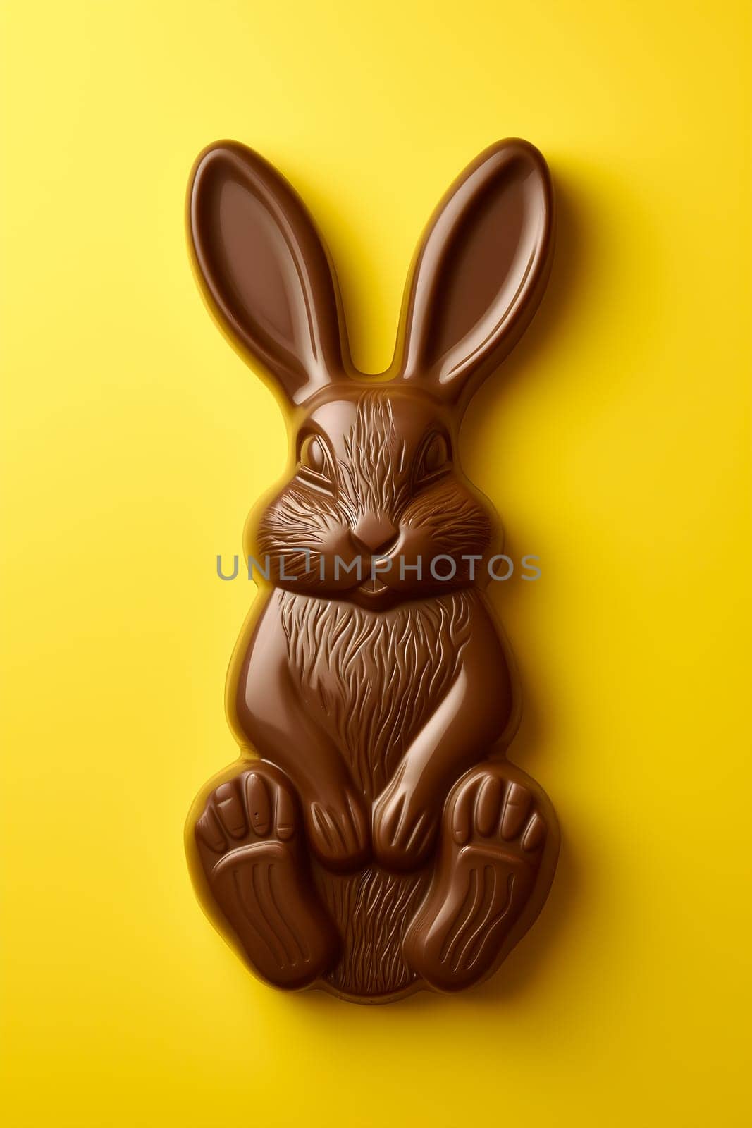 A delicious looking chocolate bunny sits elegantly against a bright yellow backdrop, evoking the festive spirit of Easter - Generative AI