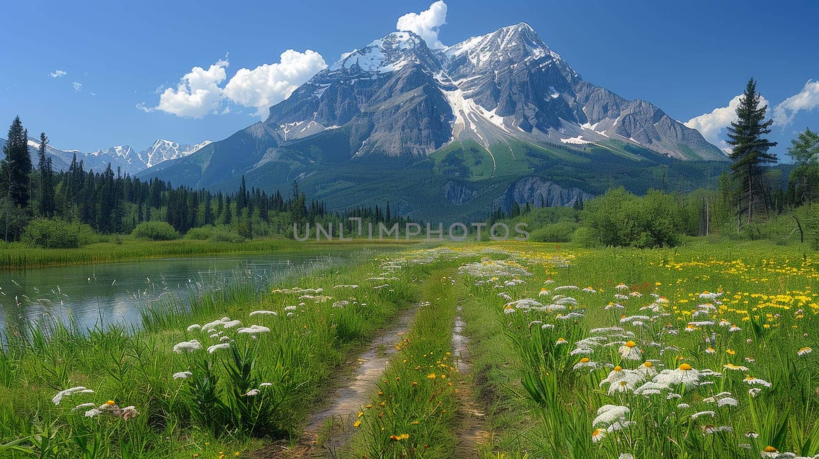 A dirt road leading to a lake with mountains in the background, AI by starush