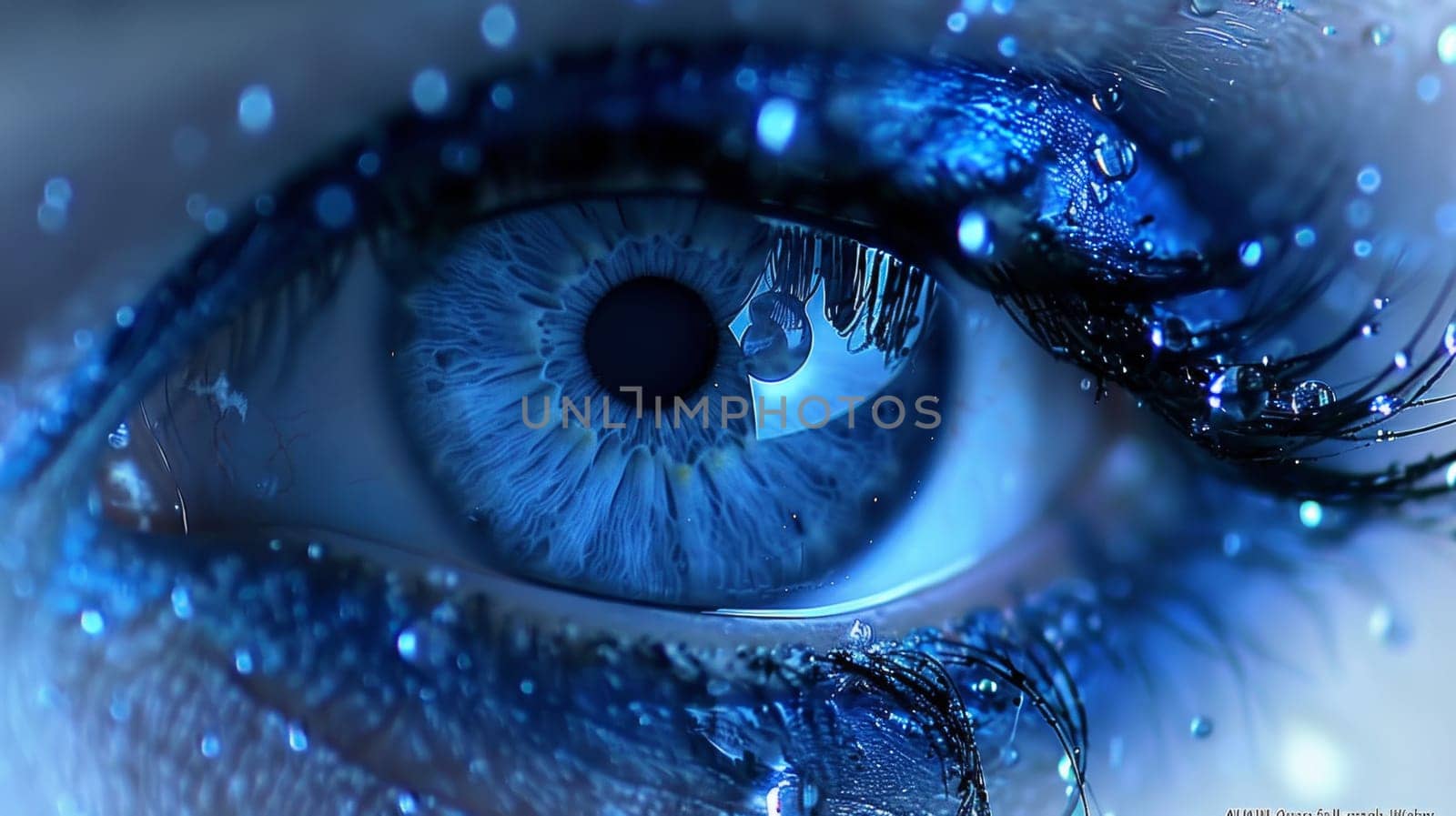 A close up of a blue eye with water droplets on it, AI by starush