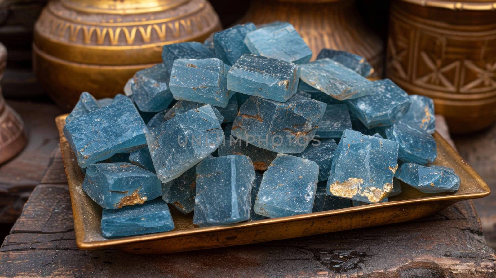 A plate of blue stones sitting on top of a wooden table, AI by starush