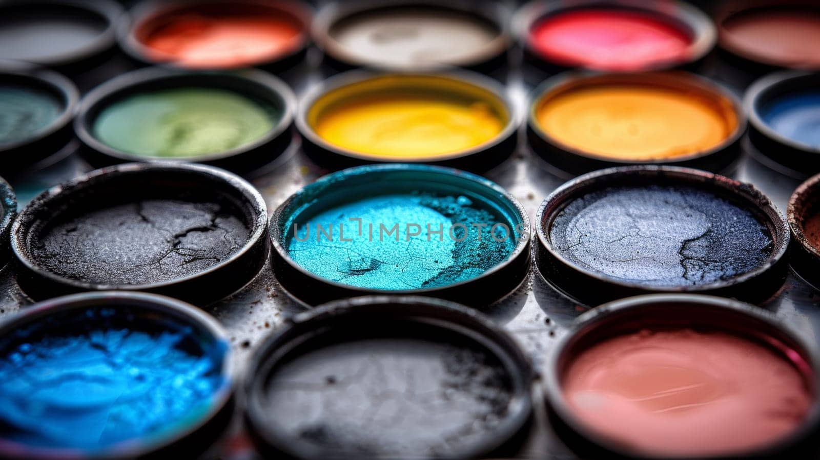 A close up of a tray full of paint colors, AI by starush