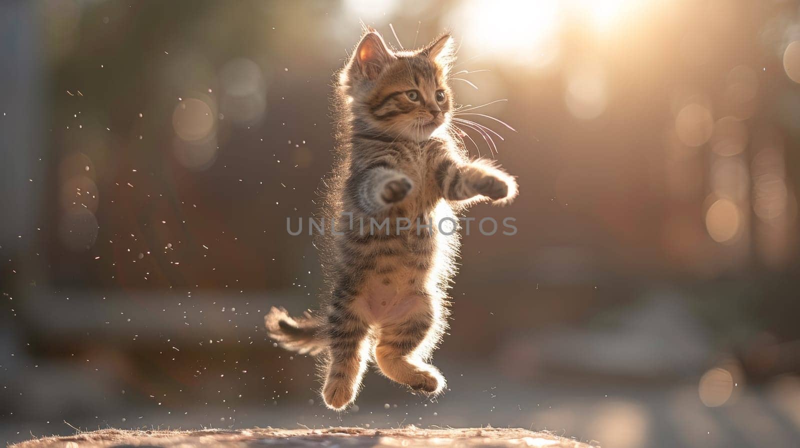 A kitten jumping up into the air while standing on a rock, AI by starush