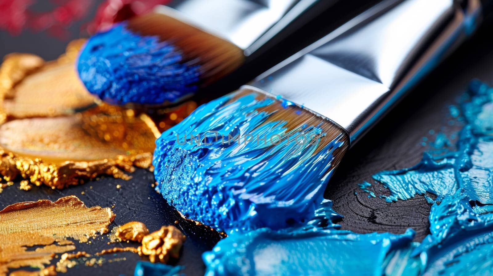 A close up of two brushes with paint on them sitting next to each other