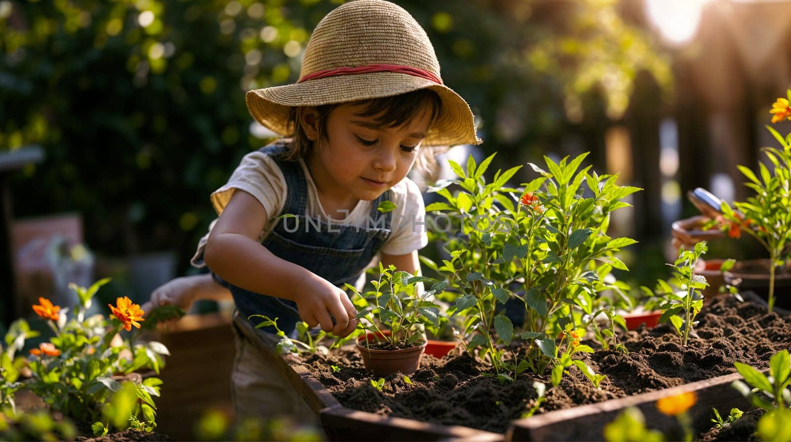 A child in a sunhat tenderly plants seedlings in a garden, embracing the joy of spring gardening - Generative AI
