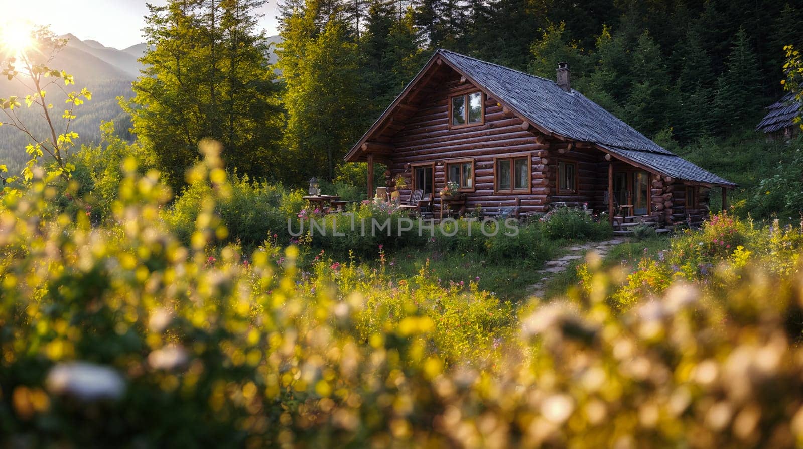 An early morning sun bathes a quaint log cabin surrounded by lush greenery in a peaceful forest, evoking a sense of tranquility and escape from the busy world - Generative AI