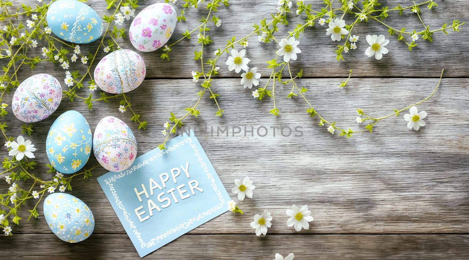 painted easter eggs and flowers on a rustic wooden background, embodying the joy of spring by chrisroll