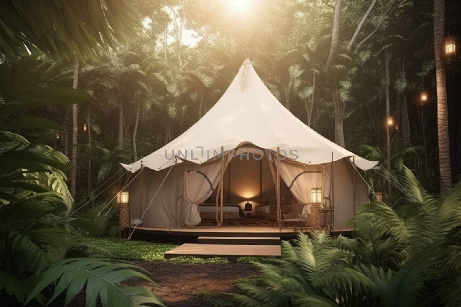 Glamping tent jungle. Generate Ai by ylivdesign