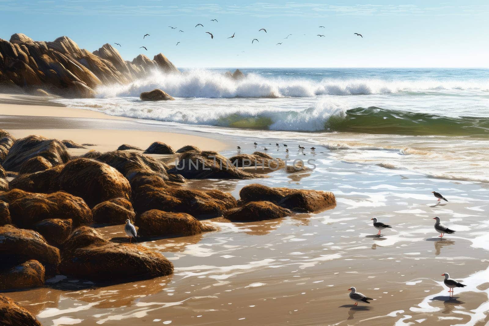 Beach sea rocks. Generate Ai by ylivdesign