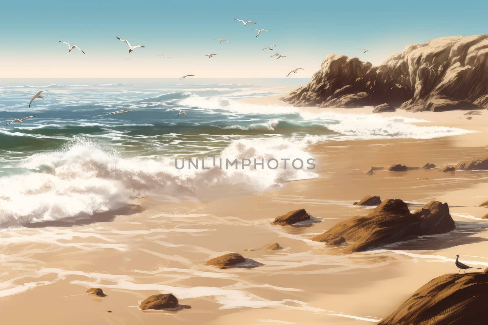 Sea beach seagulls. Water sand. Generate Ai