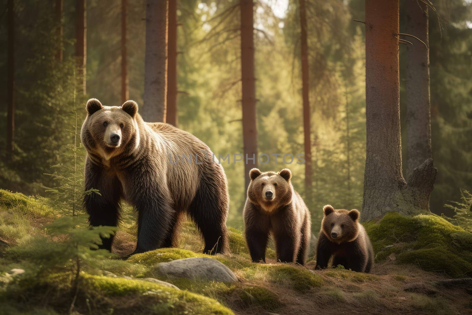 Bear family forest. Cute small animal. Generate Ai