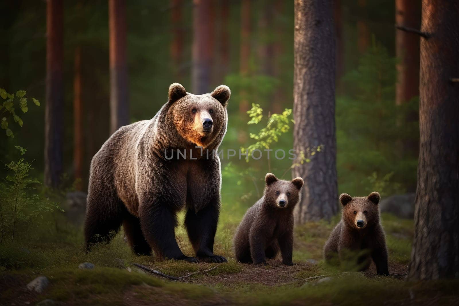 Bear family forest nature. Mammal predator. Generate Ai