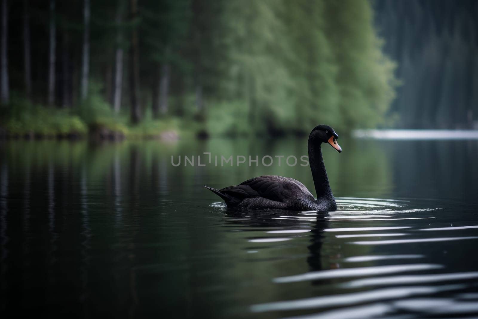 Black swan in park lake. Swim feather. Generate Ai