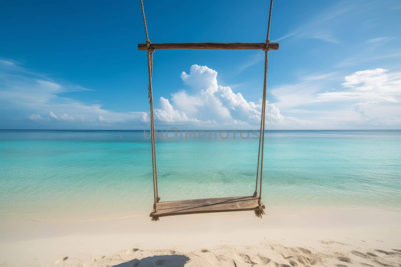 Hanging tropical swing. Ocean swing sand. Generate Ai