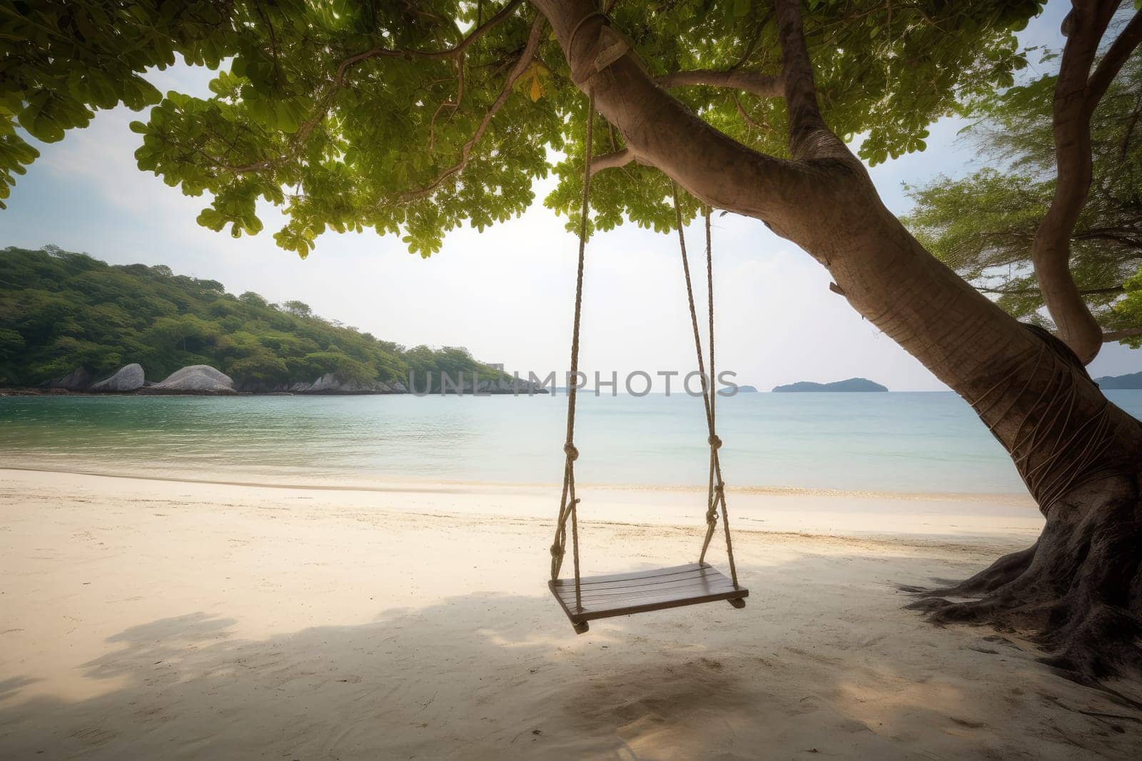 Hanging swing tropical beach. Generate Ai by ylivdesign
