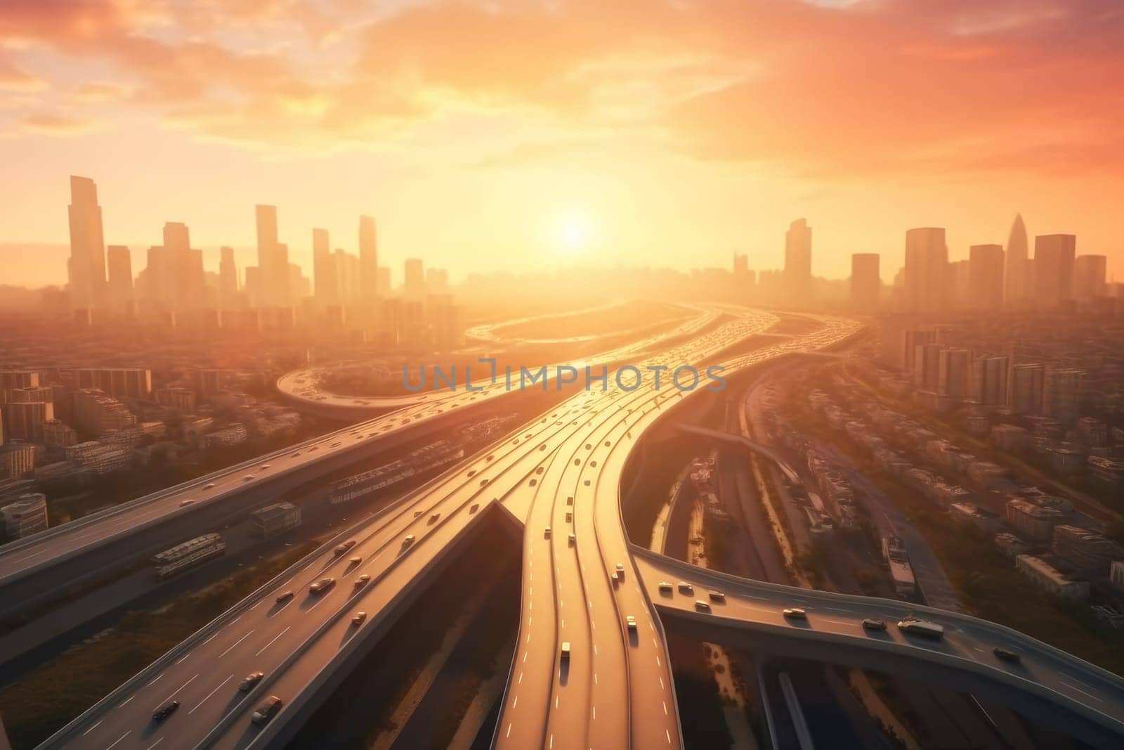 Highway metropolis at sunset. Transport road. Generate Ai