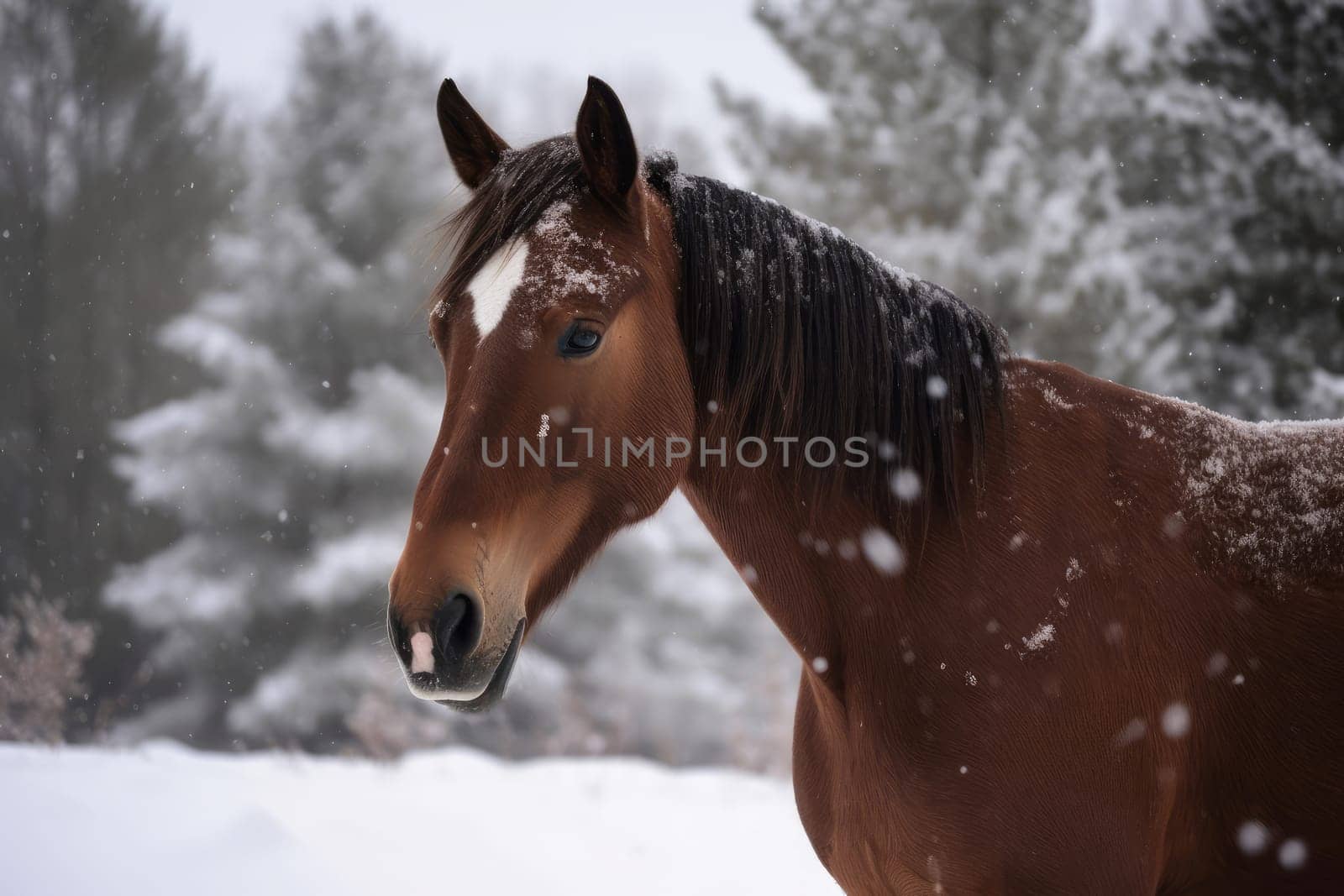 Horse in winter snow. Nature farm. Generate ai