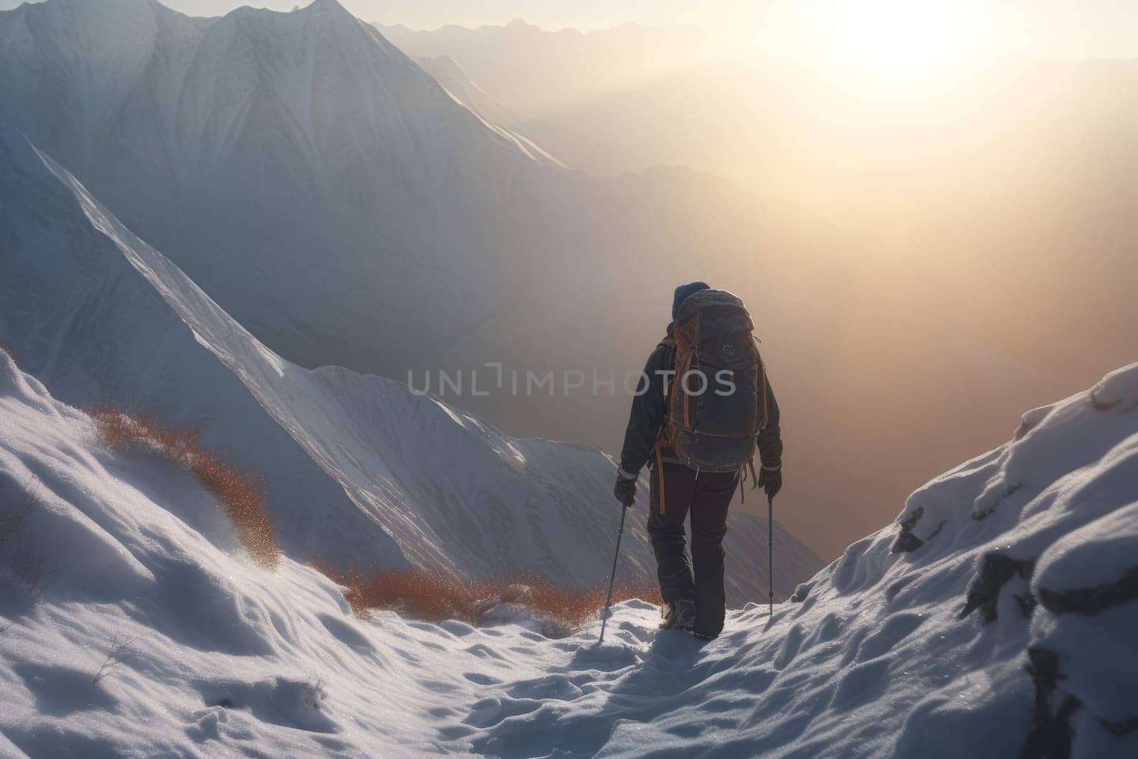 Man climbing winter mountains. Climber travel. Fictional person. Generate Ai