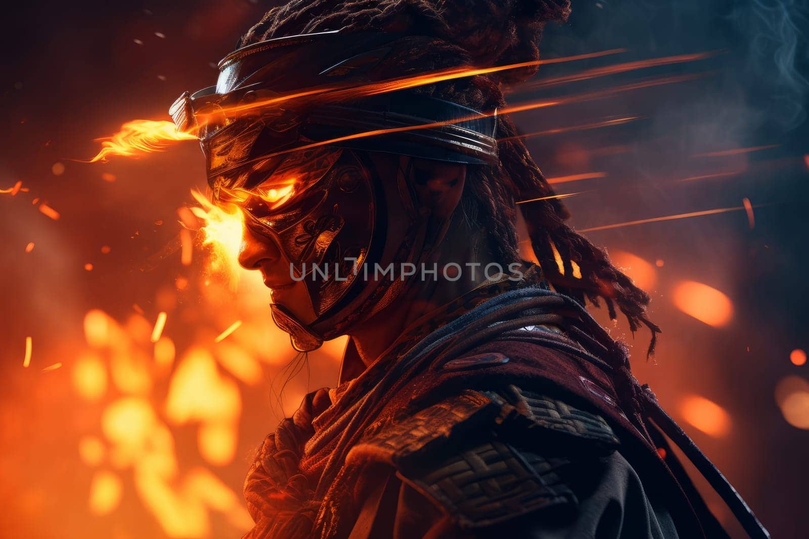 Samurai fire closeup. Flame hot warrior. Generate Ai