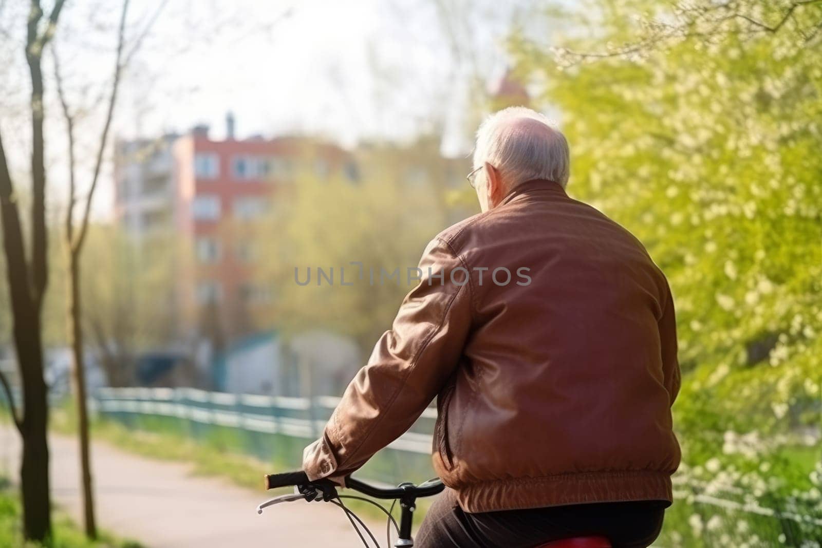 Senior man city bike morning. Happy person. Fictional person. Generate Ai