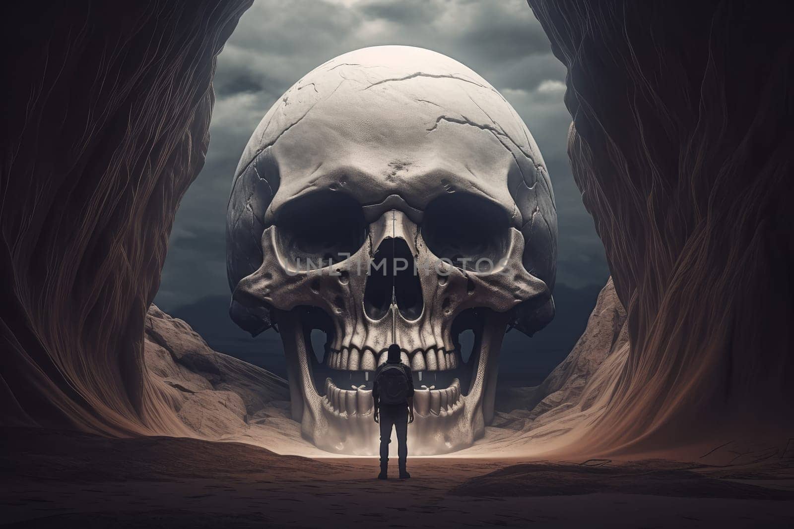 Skull man cave. Man stone ancient. Generate Ai