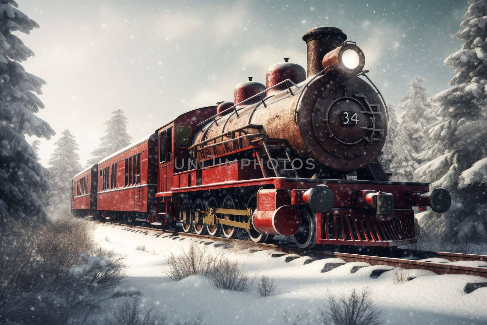 Train north winter. Nature travel europe. Generate Ai