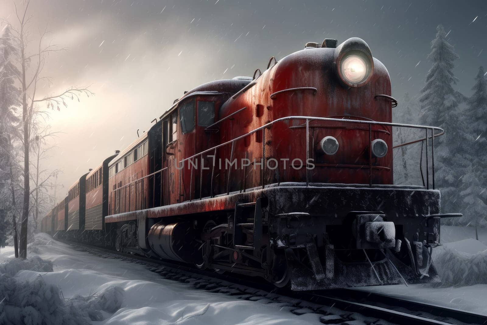 Train winter snow. Generate Ai by ylivdesign