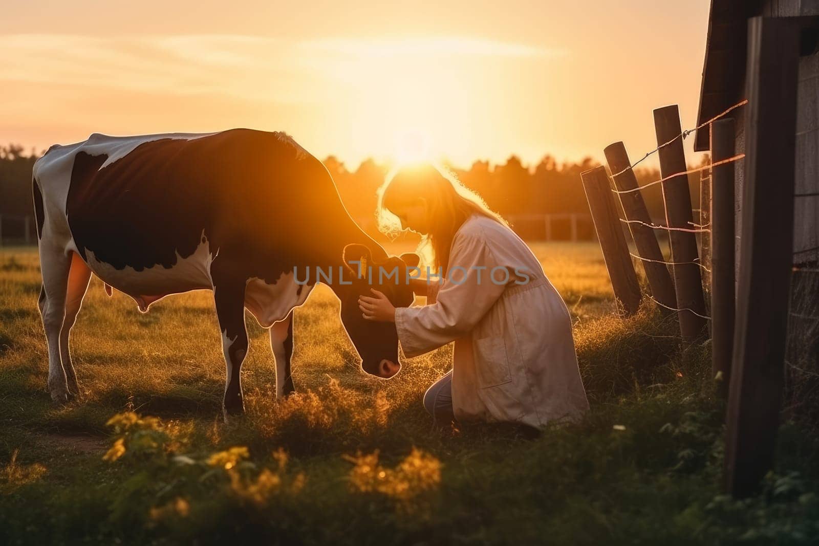 Woman cow farm sunset. Field outdoor. Fictional person. Generate Ai