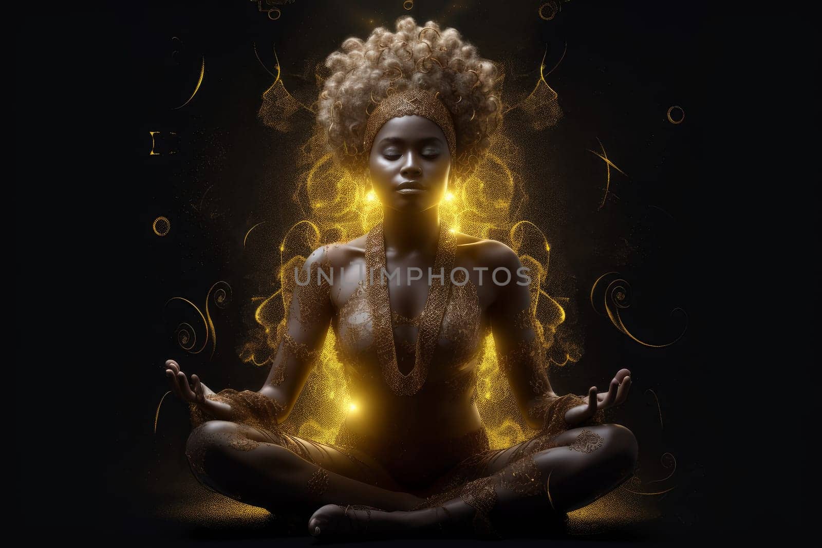 Woman african meditating. Adult meditate lifestyle. Fictional person. Generate Ai