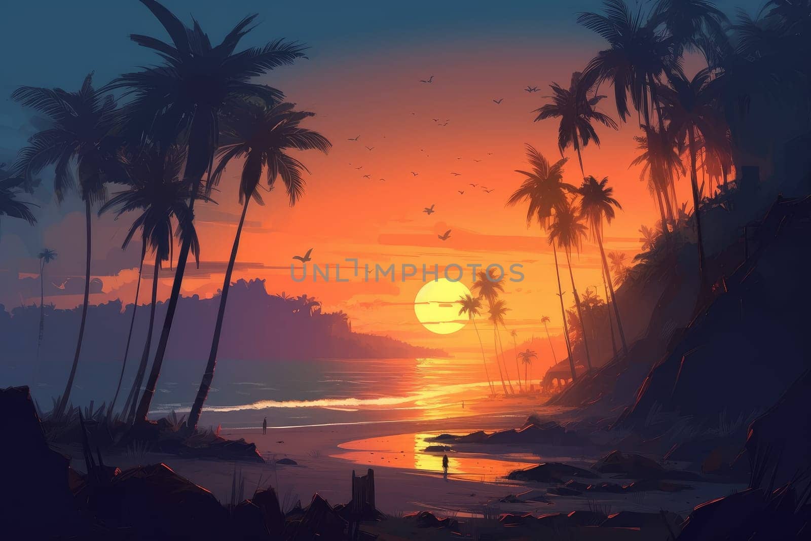 Beach palm tree sunset. Nature travel water. Generate Ai