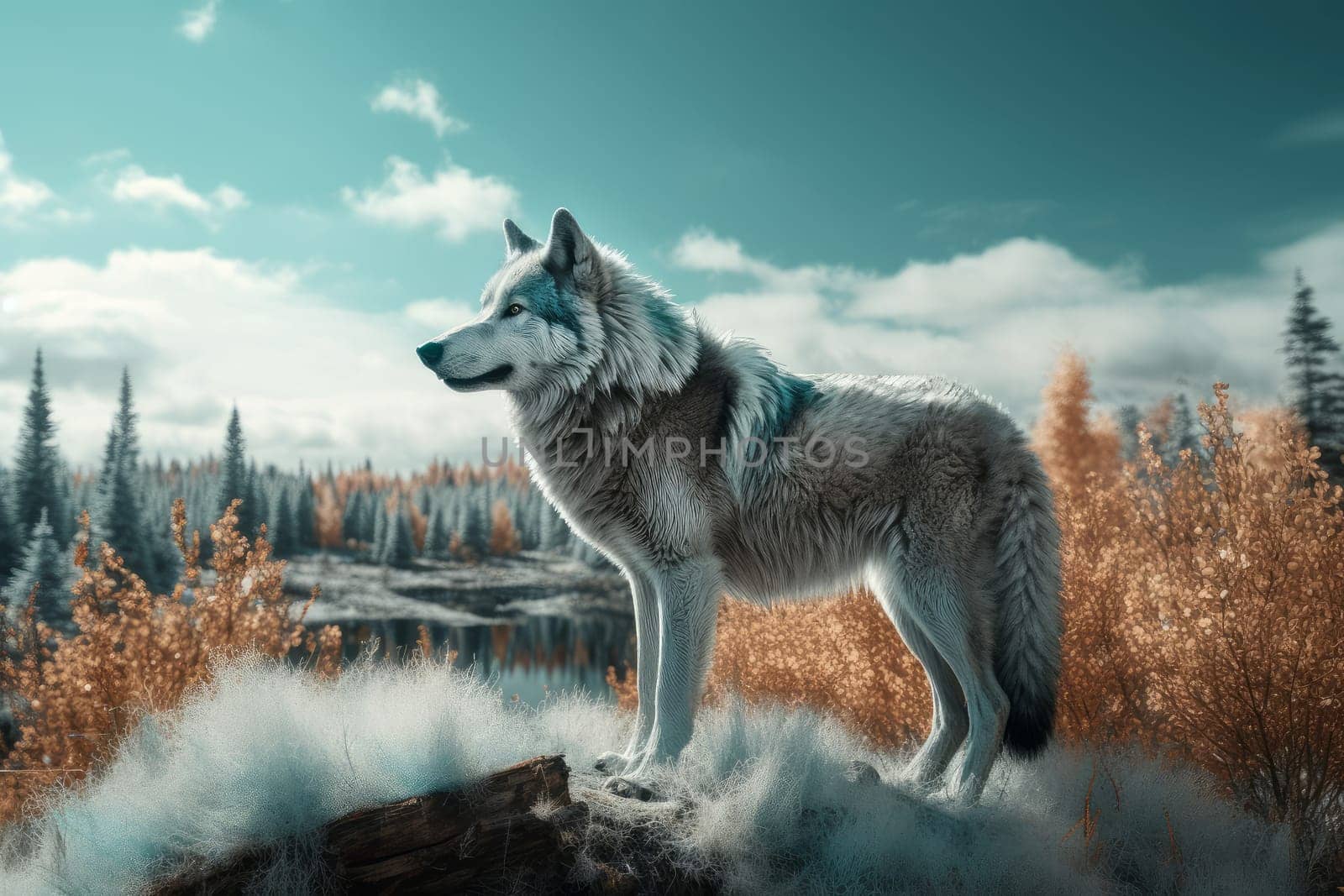 Northern landscape with wolf. Forest animal. Generate Ai