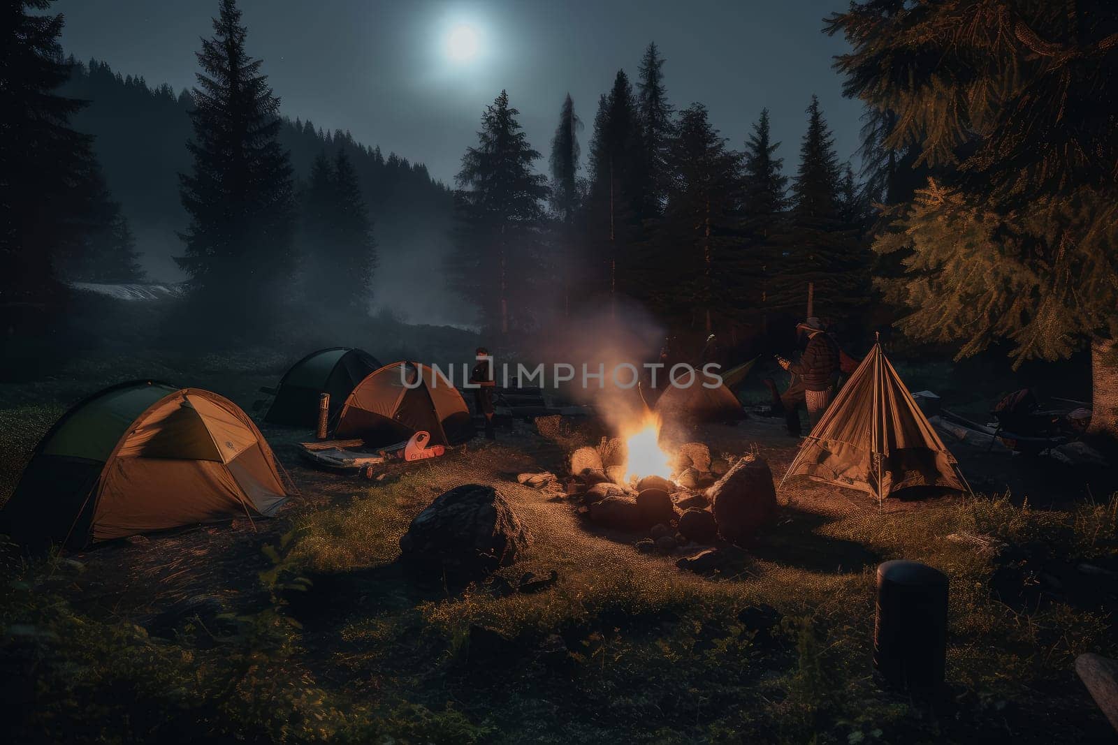 Campsite with fire. Generate Ai by ylivdesign