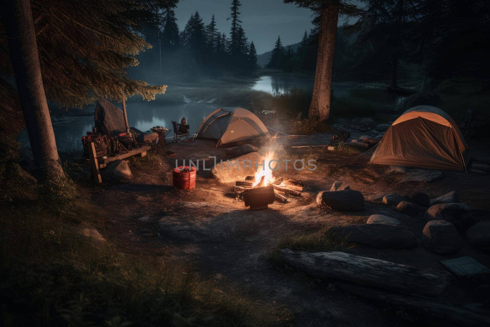 Tent campsite with fire. Generate Ai by ylivdesign