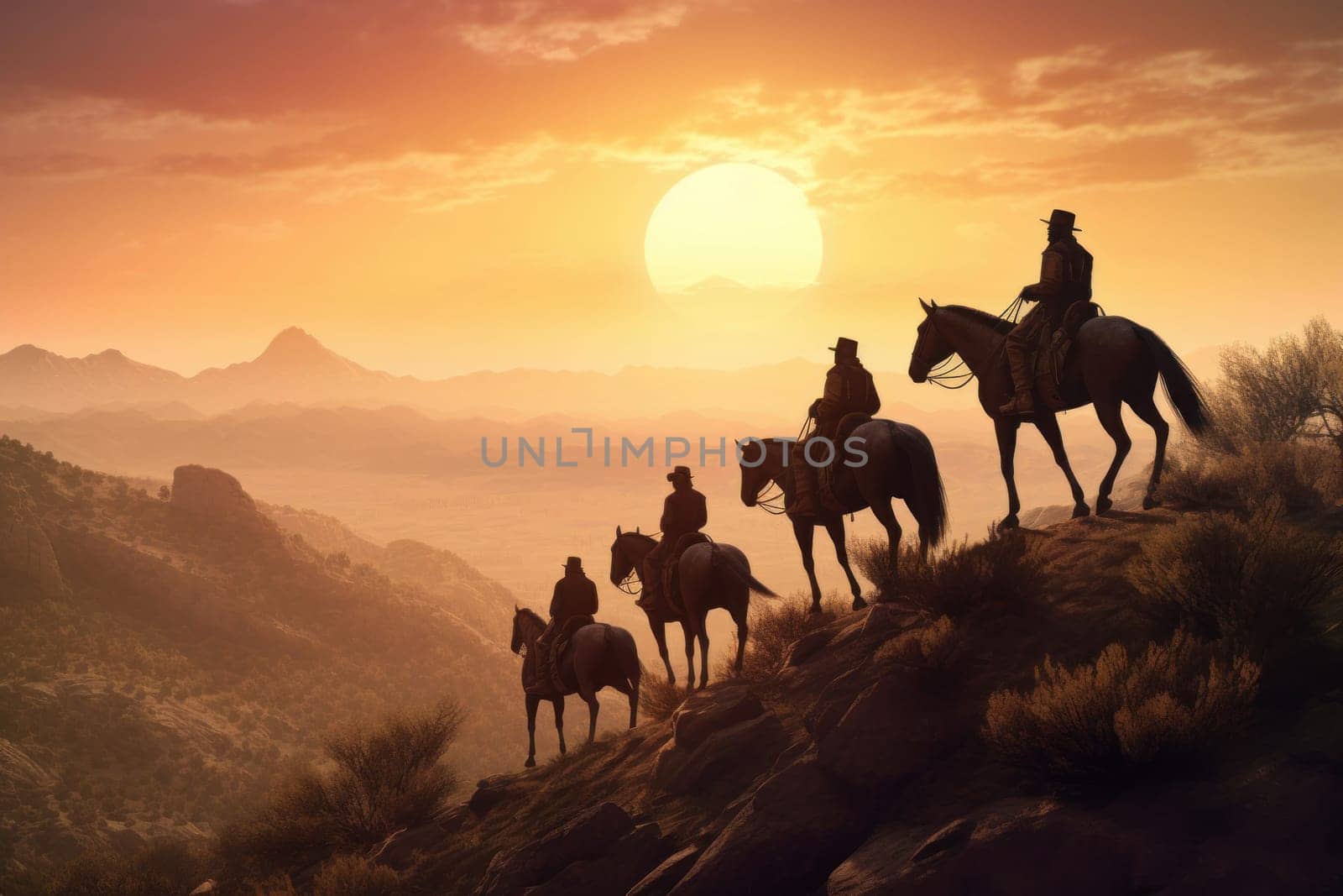 Cowboys horses sunset. Man couple young. Fictional person. Generate Ai
