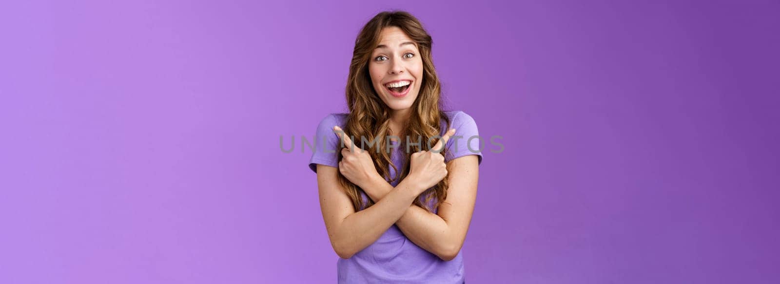 Lively surprised charismatic curly girl fascinated look admiration joy picking between awesome opportunities amazed excellent choices pointing sideways left right make decision purple background by Benzoix