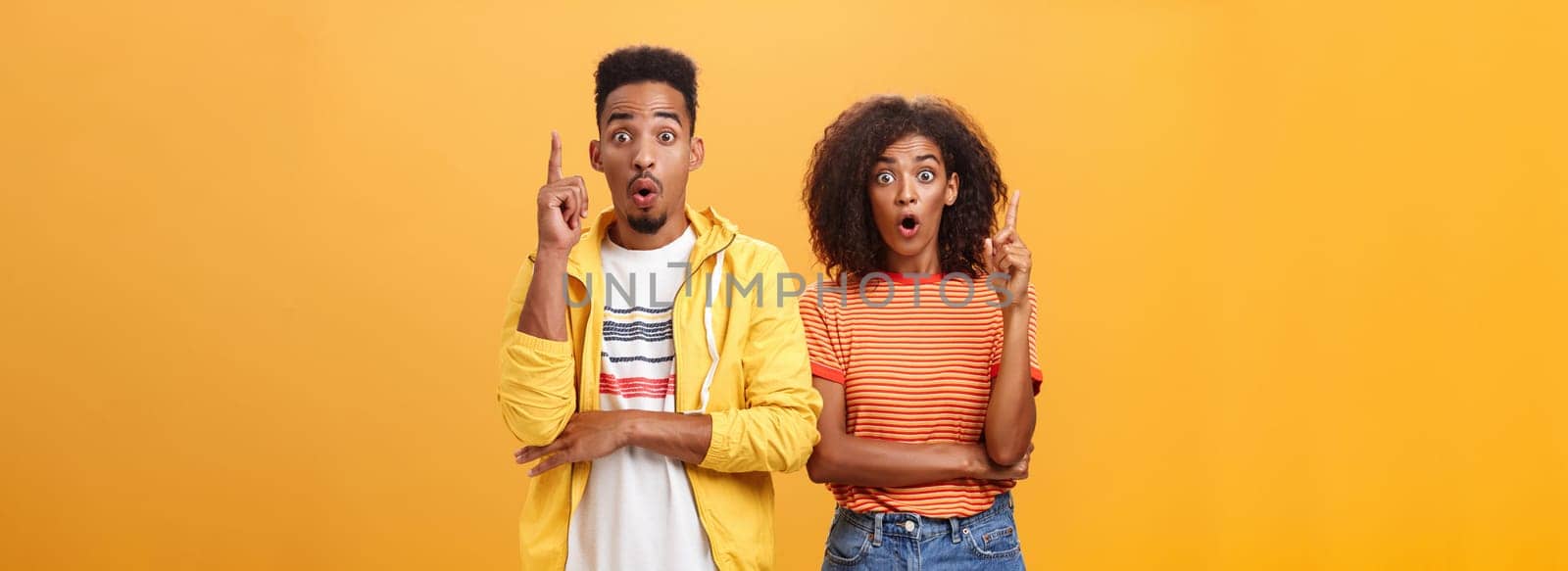 The both got perfect idea at same time. Amazed and excited creative charismatic african american man and woman raising index fingers in eureka gesture opening mouth while adding suggestions. Copy space