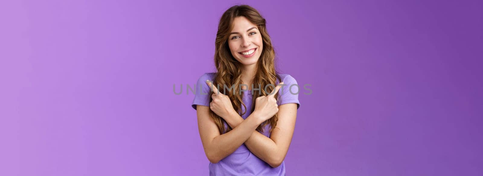 Friendly cheerful motivated cute friend give you advice gently smiling tilt head lovely grinning toothy pointing sideways hands crossed body indicating left right suggest two promos products. Lifestyle.
