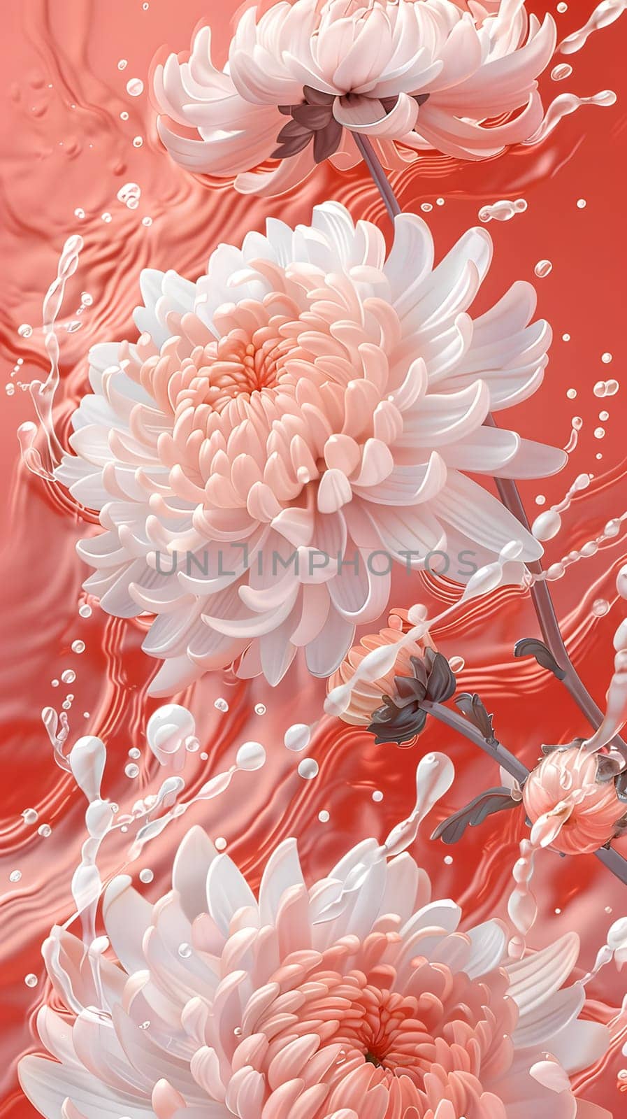 A vibrant bouquet of flowers is gracefully floating in water against a striking red background, showcasing a beautiful display of pink petals and intricate patterns