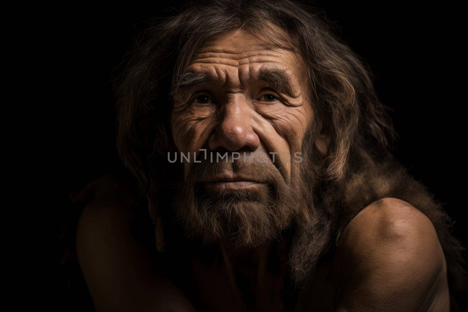 Neanderthal prehistoric man. Skin people. Fictional person. Generate Ai