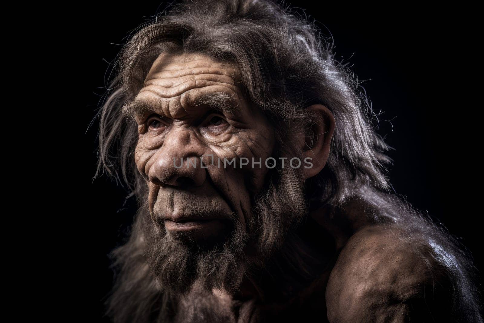 Neanderthal prehistoric caverman rock. Travel cave. Fictional person. Generate Ai