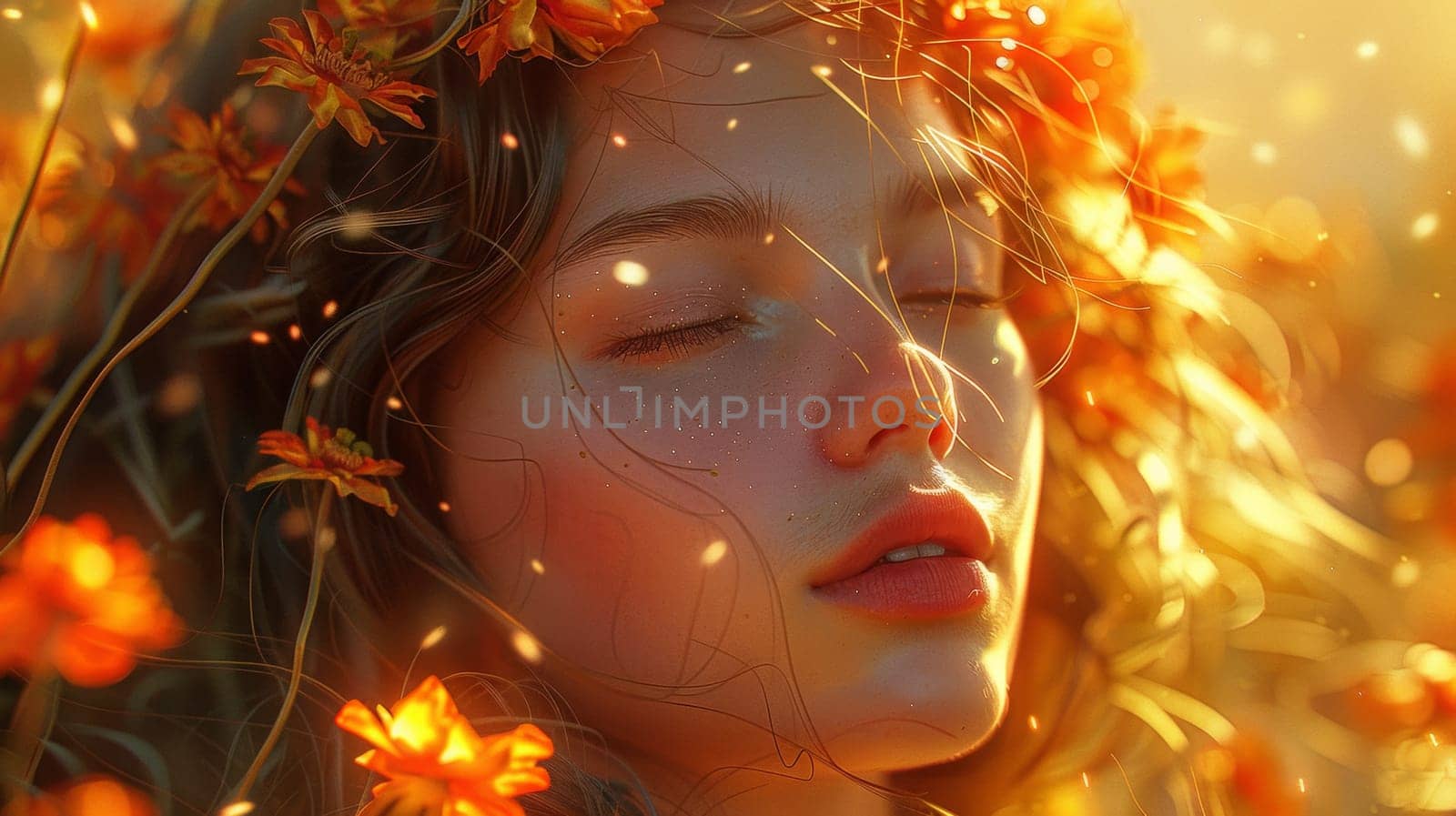 A woman with her eyes closed surrounded by orange flowers