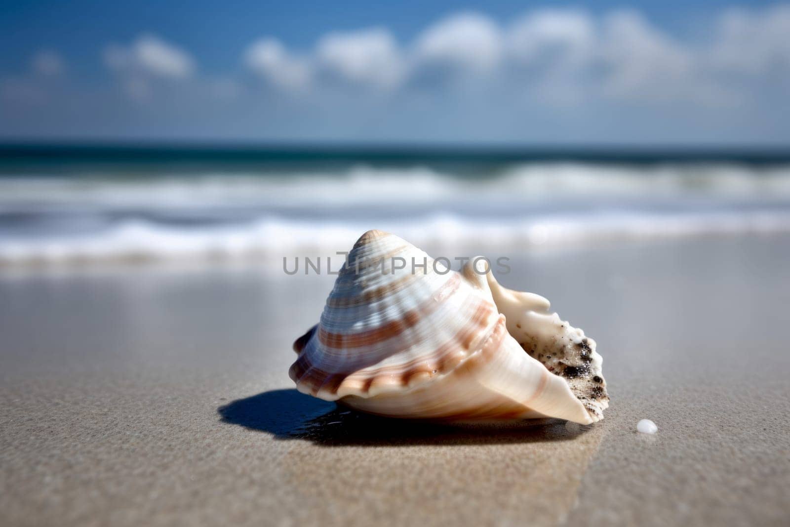 Shell on sea sunny beach. Nature summer. Generate Ai