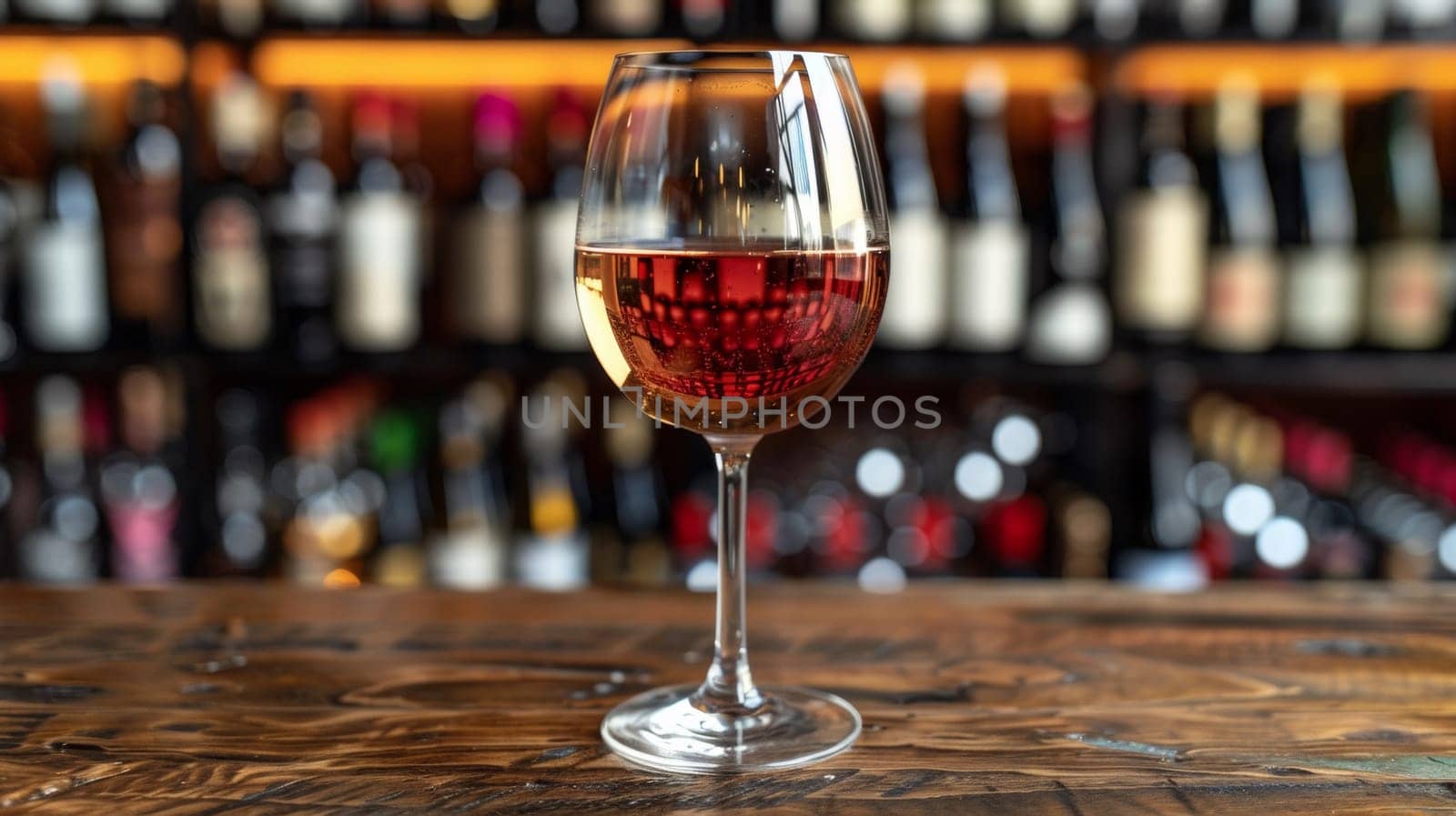 A glass of a wine is sitting on top of the bar