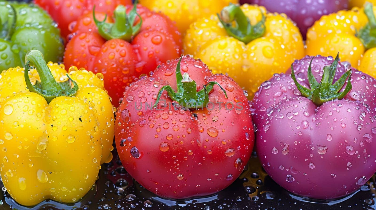 A bunch of peppers with water droplets on them are sitting in a tray