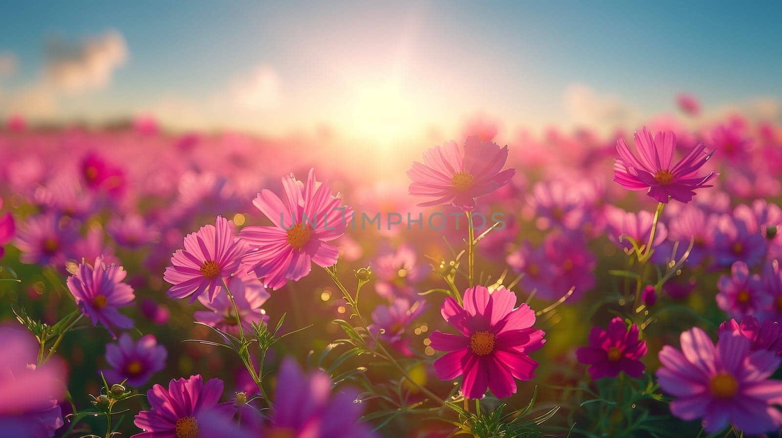 A field of pink flowers with the sun shining in, AI by starush